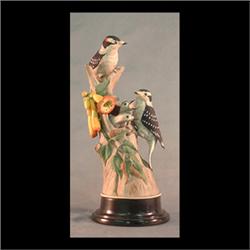 Boehm bird figure. Downy woodpeckers with trumpet vine. #427e,  signed. 13" tall $900-1100