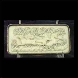 Sterling and carved ivory box. Rectangular with six carved horses  and trees on the top and ivory ba