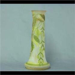 Galle vase; floral decorations in shades of green and yellow on a  white and burnt umber satin groun
