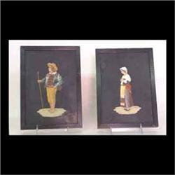 Pair of Pietra Dura framed pictures. Peasant man and woman. 6" X 9" $600-800