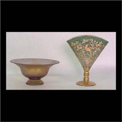 Loetz type bowl and a De Vilbiss acid-cut-back fan vase. Gold  iridescent bowl on a pedestal foot. D
