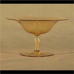 Amber compote. Blue rim around the top and foot. Circa 1918.  Unsigned. Pinpoint nicks on rim of foo
