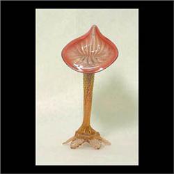 Victorian jack-in-the-pulpit vase. Pink and burgundy with yellow  interior decoration. 8 1/2" $80-12