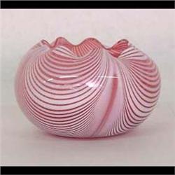 Nailsea rose bowl. White loops on cranberry. Ground pontil. 3" h X 4 3/4" diameter. $100-200