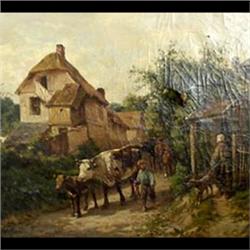 Oil on canvas. Village scene with cows. Signed illegibly, lower  right. 19th century American School