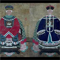 A pair of portraits of an important couple. Gouache on textured  paper, pasted on gold colored base.