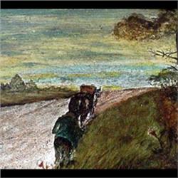 Oil on panel. Figure and house on road. 19th century American  School. Framed. 4 1/2" X 7 1/2" $40-8