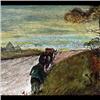 Image 1 : Oil on panel. Figure and house on road. 19th century American  School. Framed. 4 1/2" X 7 1/2" $40-8