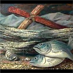 Oil on panel. Blue Fish. Signed Paul Riba, lower right. Framed. 9" X 23 1/2" $700-1000