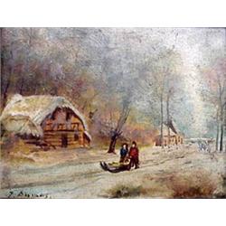 Oil on panel. Country lane with figures in winter. Signed  illegibly, lower left. Framed. 19th centu