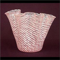 Venetian glass handkerchief vase. Pink and white latticino. 9" h X 11" diameter $300-400