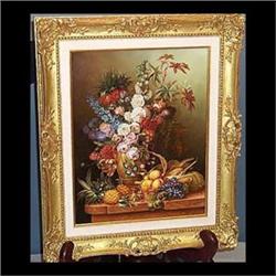 Boehm porcelain painting "Nature's Bounty". Numbered 6005 with  Malvern Studiomark. Framed floral ar