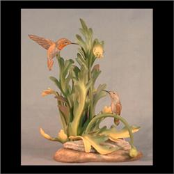 Boehm bird figure. Rufus hummingbirds on Icelandic poppy. #487,  signed.