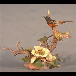 Boehm bird figure. Orchard orioles on blossoming tulip. #400-11,  signed. 11" $1200-1400