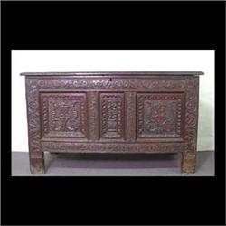 Early oak storage chest, probably English. Three inset panels on  the front. The panels and surround