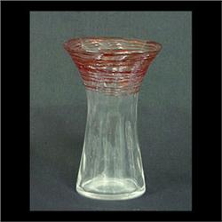 Corset-shaped vase attributed to Stevens and Williams. Clear brown  glass with a random application