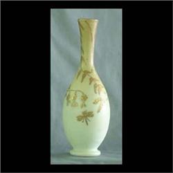 Victorian glass vase. Cream shading to mustard with gold decoration  of hanging flowers and a dragon