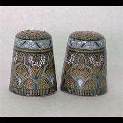 Buffalo Emerald Deldare salt and pepper shakers. Note base chip to  each and flakes around holes to