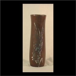 Heintz Art Metal vase. Sterling silver stork and cattails on  copper vase. Slight dent on base. 10 1