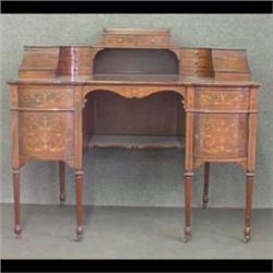 Inlaid mahogany writing desk, C-shaped with upper level consisting  of eight small drawers and lette