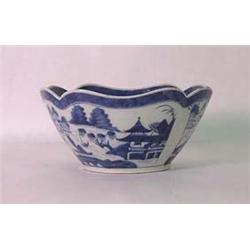 Canton cut-corner bowl. Circa 1830. Cloud edge, island with  buildings and ships. Two exterior large