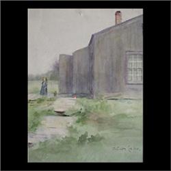 Watercolor. Landscape with house, girl, and dog. Signed Adam Lehr,  lower right. Matted and framed.