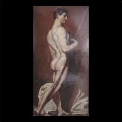 Oil on board. Male nude. Signed Wallace M. Turner, lower right.  Framed. 17 1/2" X 9"  $60-120