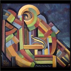 Oil on canvasboard. Abstract. Signed W.S. Gish 1977, lower left.  20th century American School. Fram