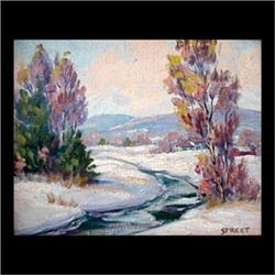 Oil on board. Winter landscape with houses and a stream. Signed  Street, lower right. Framed. 7 1/2"