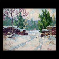 Oil on board. Winter landscape. Signed Street, lower right. Framed. 7 1/2" X 9 1/2" $150-250