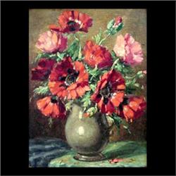 Oil on canvas. Floral still life. Signed Carle Blenner, lower  right. Framed. 9" X 6 1/2" $1400-1800