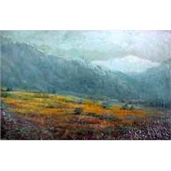 Oil on board. Landscape with snow-covered mountain. Signed lower  right. M.L. Stevens. Framed. 7 1/4