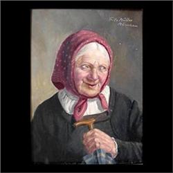 Woman with umbrella. Oil on masonite, signed Fritz Muller, Munchen  upper right. Framed. 9 1/2" x 7"