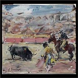Gouache on paper. Bullfight. Signed R. Domingo.  6 3/4" X 7 1/4" $200-300
