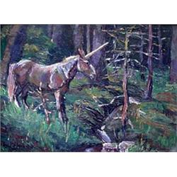 Oil on board. Unicorn. Signed illegibly, lower left. 19th-20th  century American School. Framed. 7 3
