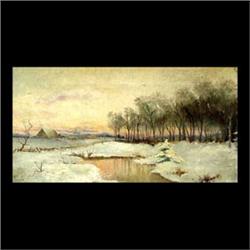 Oil on canvas. Winter landscape. Initialed H.M., lower left. 19th  century American School. Framed.