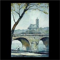 Oil on canvas. View of Paris with bridge. Signed M. Janpol, lower  left. Framed. 12 1/2" X 9" $100-2