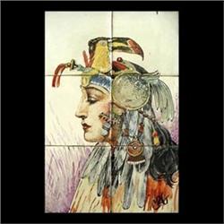 20th century American tile. Profile of Native American woman on  ceramic tile. Initialled CRG, lower
