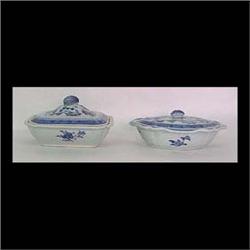 Two Canton covered vegetables. One is  scalloped oval circa  1840,and the other is rectangular. Brid