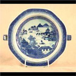 Canton hot water plate. Circa 1840. Cloud edge, pagoda, bridge,  boats, and trees. 1 1/2" h X 10 3/4