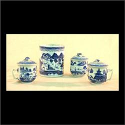 Three Canton pot-de-creme cups with lids. Circa 1840. Canton  noggin, cloud edge, trees, bridge, pag