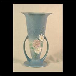 Roseville blue Cosmos vase, #954-10. Pinhead size glaze flake on  top rim. 10 1/4" $200-300