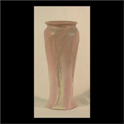 Early Van Briggle vase. Molded leaves at top. Lavender glaze with  yellow and green highlights. Pre-