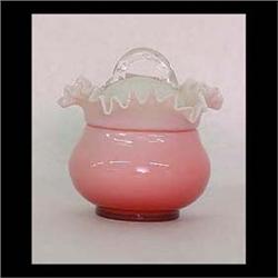 Victorian Burmese sugar bowl. Ruffled top, clear thorn handle on  top. Note chips to lid and one on