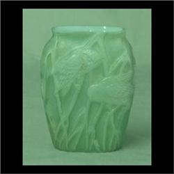 Phoenix glass vase with owls. Opalescent interior and green satin  finish. Note some wear to finish