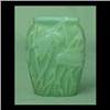 Image 1 : Phoenix glass vase with owls. Opalescent interior and green satin  finish. Note some wear to finish