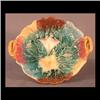 Image 1 : Majolica footed bowl with stylized morning glories and leaf motif,  handles are twisted twigs. Note