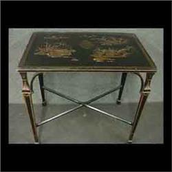 Lacquered Oriental table with gilt decoration of pagoda and birds. 27"h x 18"d x 25 1/2"h $150-250