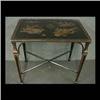 Image 1 : Lacquered Oriental table with gilt decoration of pagoda and birds. 27"h x 18"d x 25 1/2"h $150-250