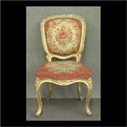 Louis XV petitpoint upholstered chair. Note old repairs to frame,  damage to petitpoint, and gold pa